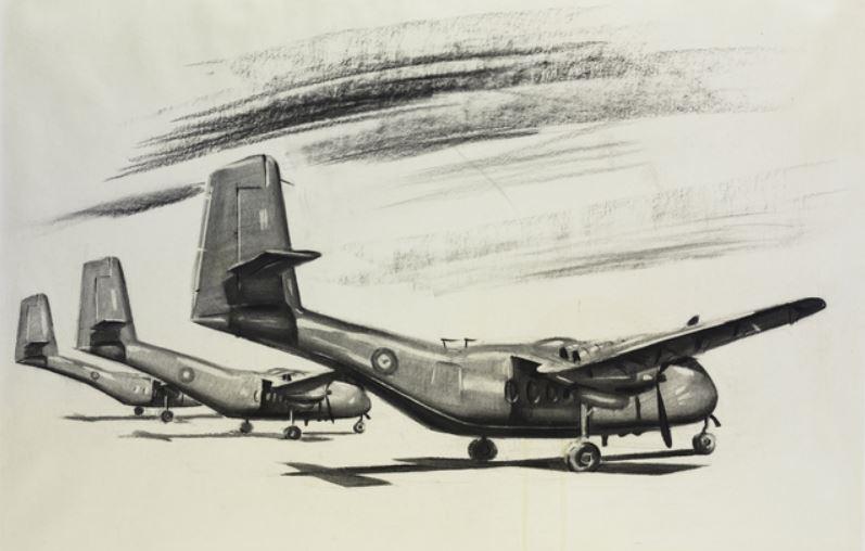 Ken McFadyen, Caribous, 35 Squadron, RAAF base, Vung Tau, Vietnam, charcoal on paper, ART40664