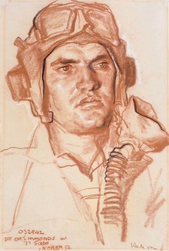 Ivor Hele, Pilot Officer William Simmonds, red conte crayon and charcoal on paper, ART40347