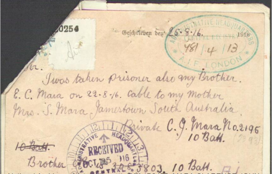 Postcard sent by Clarence John Mara advising that he and his brother were both prisoners of war.