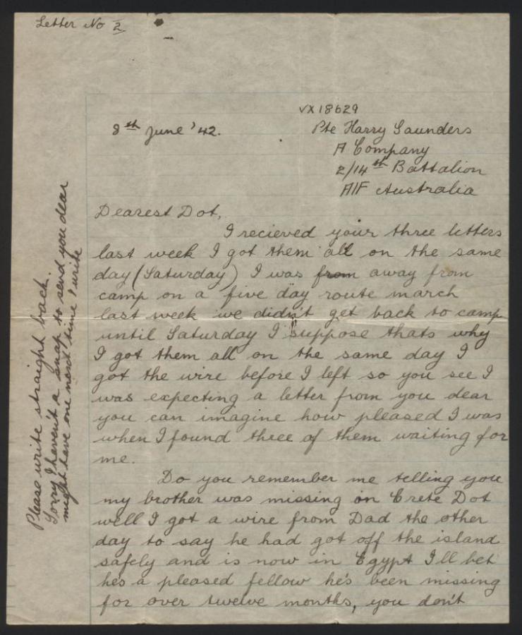 Letter No 2 from Private Harry Saunders to Miss Dorothy Banfield, dated 8 Jun 1942.