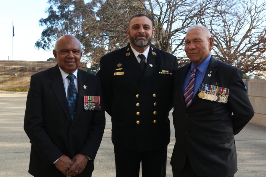 Three ADF elders - Pictured L-R: Harry Allie, Indigenous Elder, Royal Australian Air Force; Ray Rosendale, Navy Strategic Advisor on Indigenous Cultural Affairs; Roy Mundine, Indigenous Elder, Australian Army.