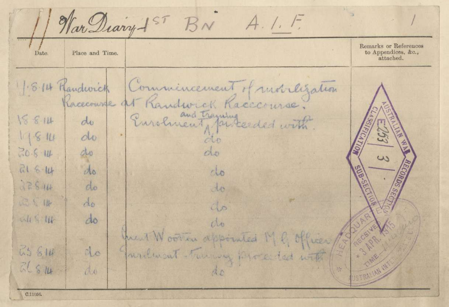 First entry in the war diary of the 1st Battalion Australian Imperial Force, RCDIG1016451.