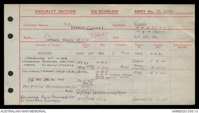 POW card of Pte V C (Charlie) Warner, 2/7th Inf Bn