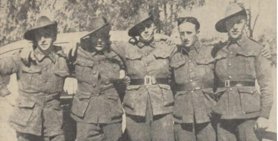 L-R: Andy, Bill, Charlie, Bunny and Ninety Warner at their farewell in Tumbarumba, August 1940
