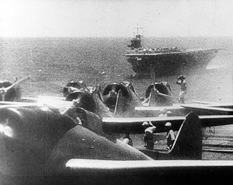 Aichi D3A1 dive bombers prepare to take off from a Japanese aircraft carrier during the morning of 7 December 1941 to attack Pearl Harbor.