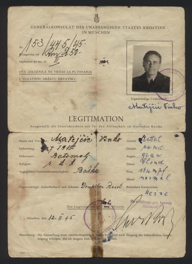 A forged document used by Antonin Horcicka, issued to ‘Vinko Matejcic’