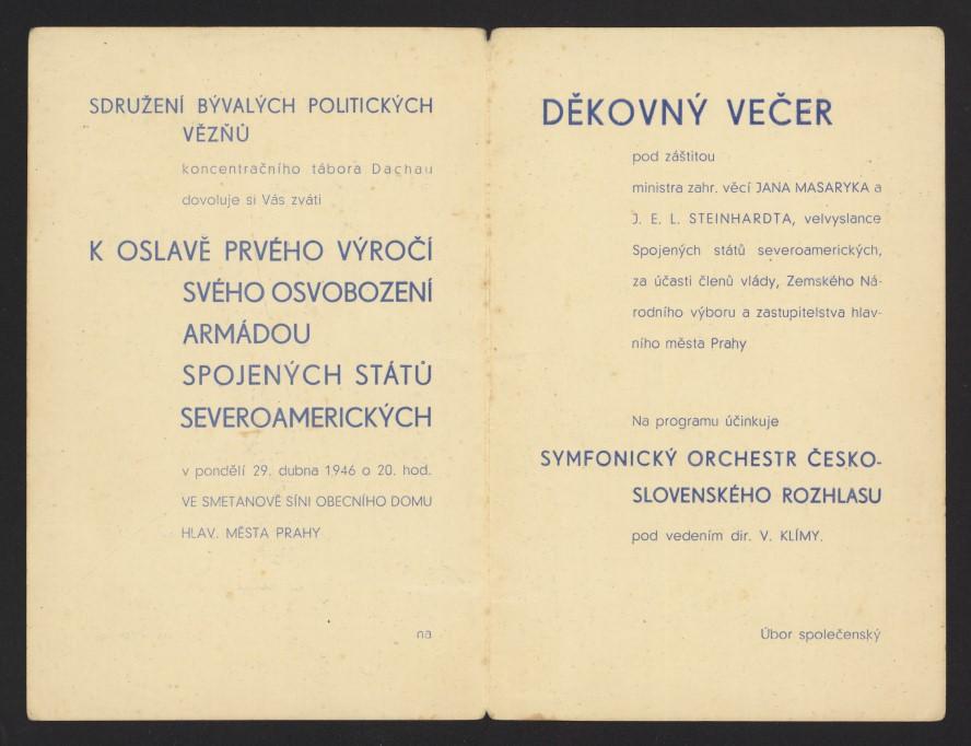 A program from the commemorative dinner to mark the first anniversary of the liberation of Dachau concentration camp on 29 April 1945