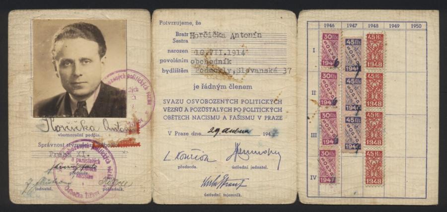 A membership card for The Union of Liberated Political Prisoners and Affected Political Victims of Nazism and Fascism in Prague, issued to Antonin Horcicka