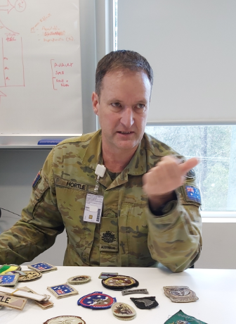Alex Hortle of the 5th Aviation Regiment with his patches, Enoggera QLD.