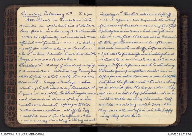 The first page of Private Bernard McCabe’s diary written on the first day he became a prisoner of war. AWM2021.7.276