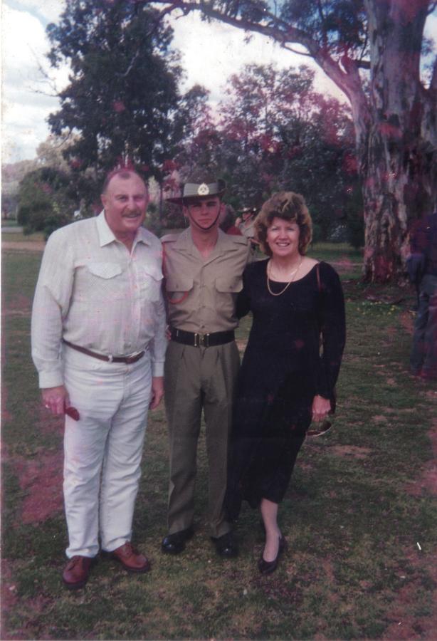 Rod Henderson with his mum and dad at Kapooka in 1995