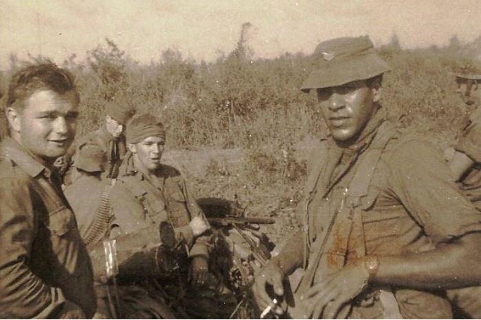 John Burns, right, with Larry D'Arcy, left, and Robert Costello, centre, on May 13, 1968, the morning after the battle of Coral.