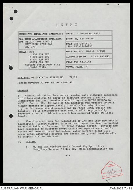 First page of a weekly Situation Report, 1992.