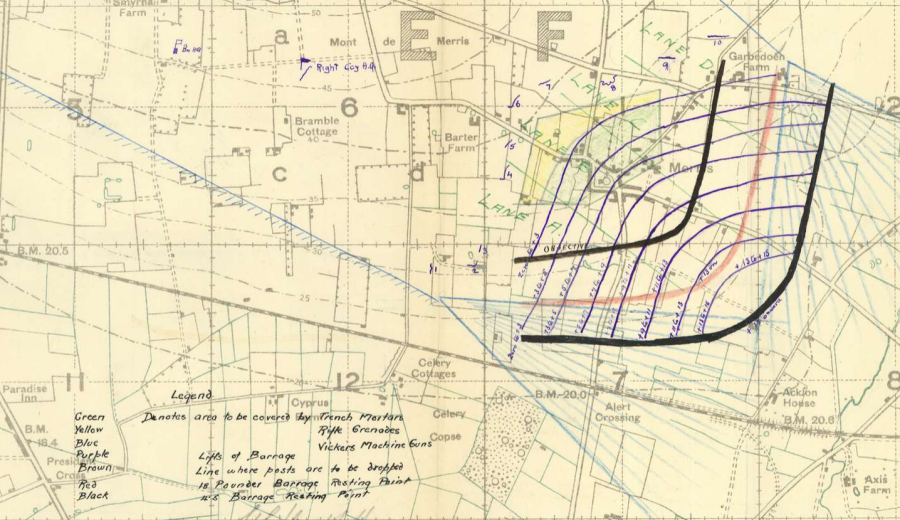 Map showing the plans for artillery and machine gun bombardment of Merris