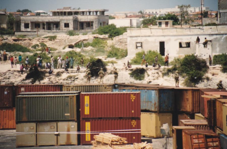 Port Defence Mogadishu 20 January 1993. Note the Australian troops on the containers.