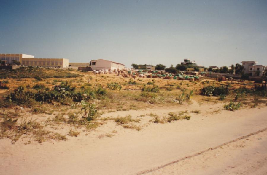 Mass grave with internally displaced persons living alongside it, Mogadishu, February 1993.