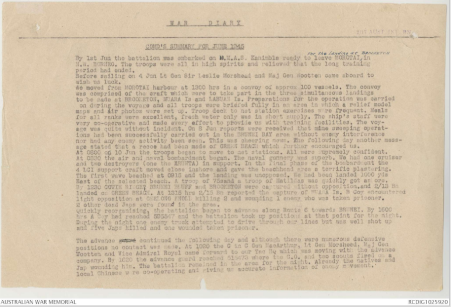 Page from 2/17 Infantry Battalion unit war diary