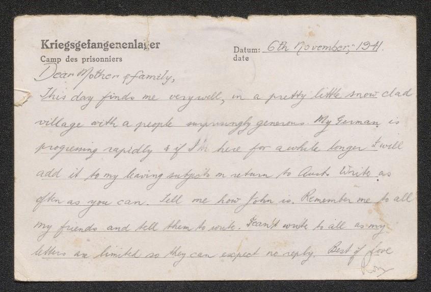One of Chambers’ prisoner of war postcards