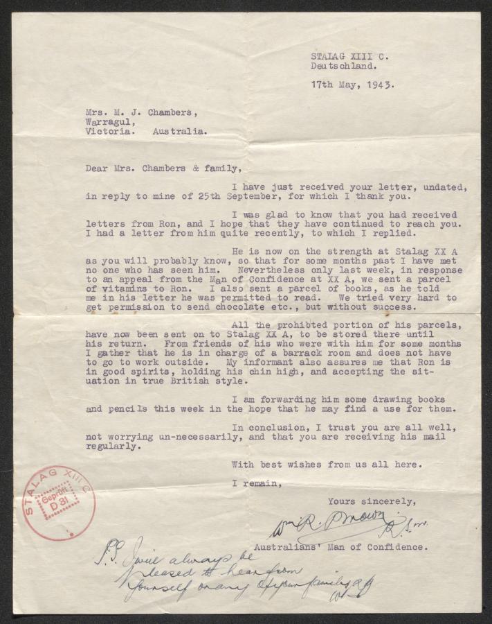 A May 1943 letter updating Chambers’ family from the Man-of-Confidence representative of Stalag XIII-C