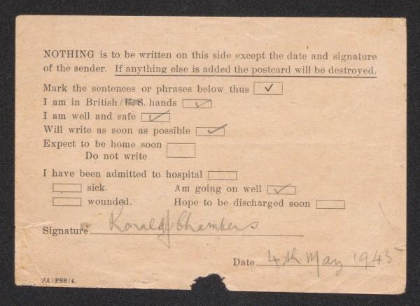 A recovered prisoner of war postcard sent to Chambers’ mother