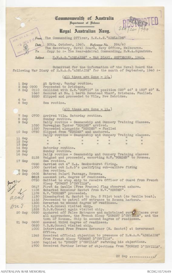 Page 1 of HMAS Adelaide's war diary, September 1940.