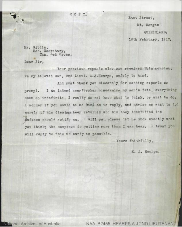 Eva’s letter to the secretary of the Tasmanian Red Cross, dated 10 February 1917.