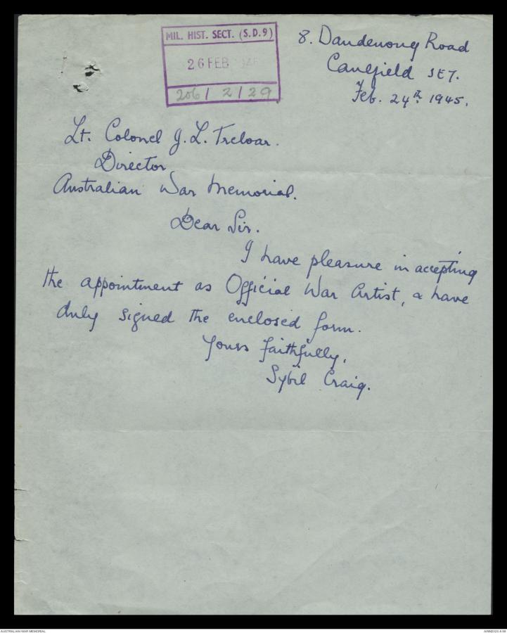 Craig's letter of acceptance as an Official War Artist, 24 February 1945 