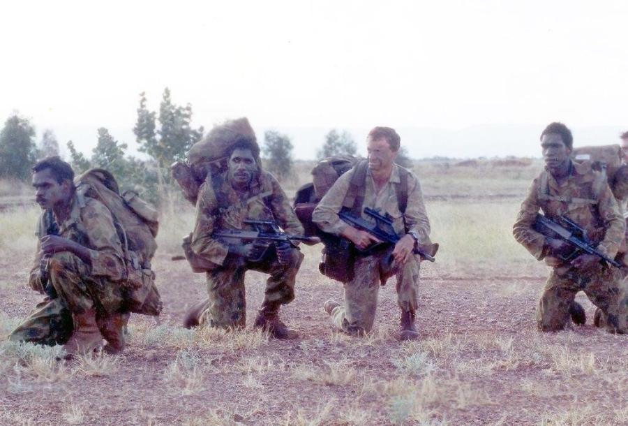 Private Jimbo Johnson, Private Mark Nodea, Captain Mac Jensen and Private Owen Thomas preparing for Patrol Insertion, 1994