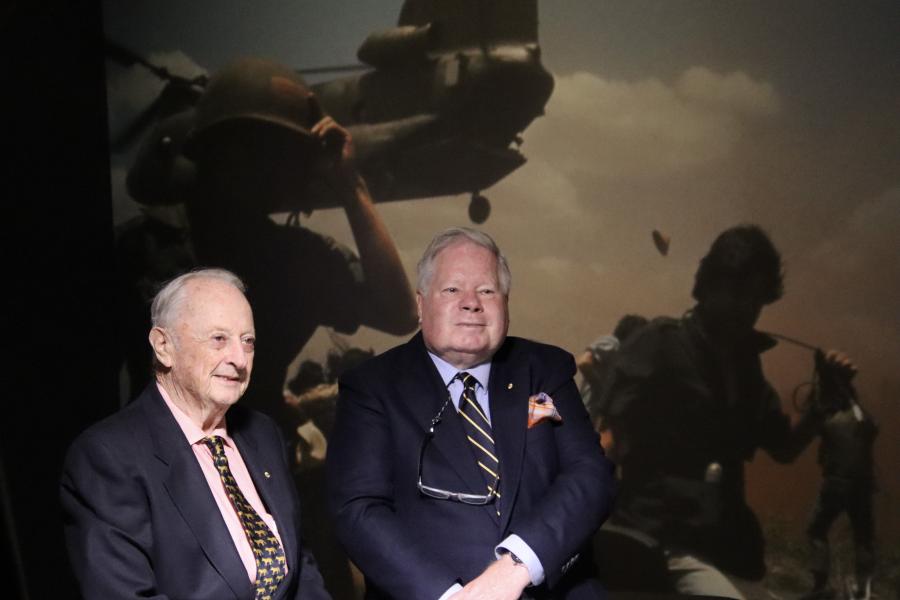 Tim Bowden and David Brill at the launch of Action! Film & War in Launceston, 2024.