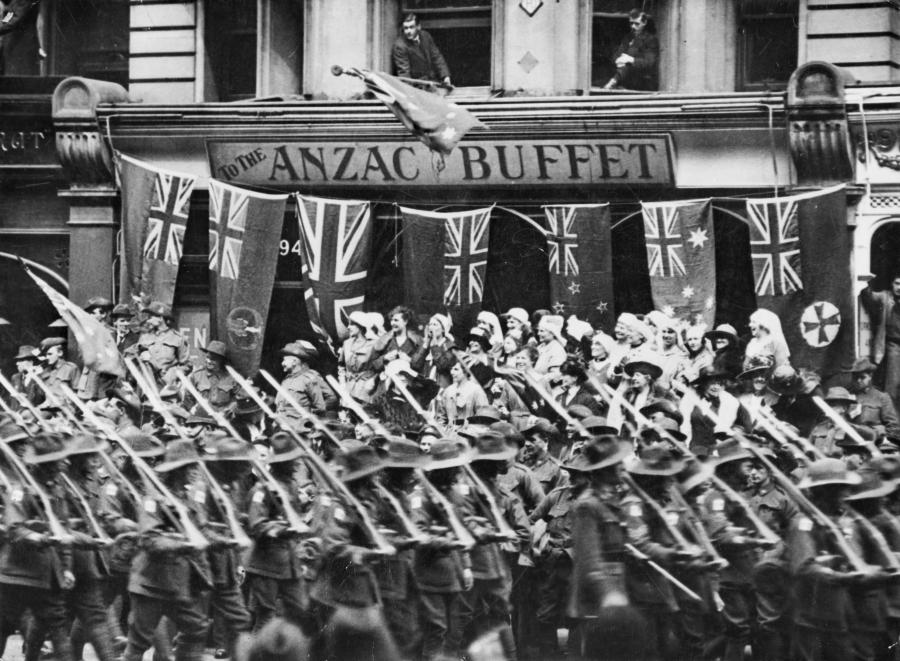 An Australia battalion marches past the Anzac Buffet, Westminster, London, c. 1919, AWM2017.1317.1