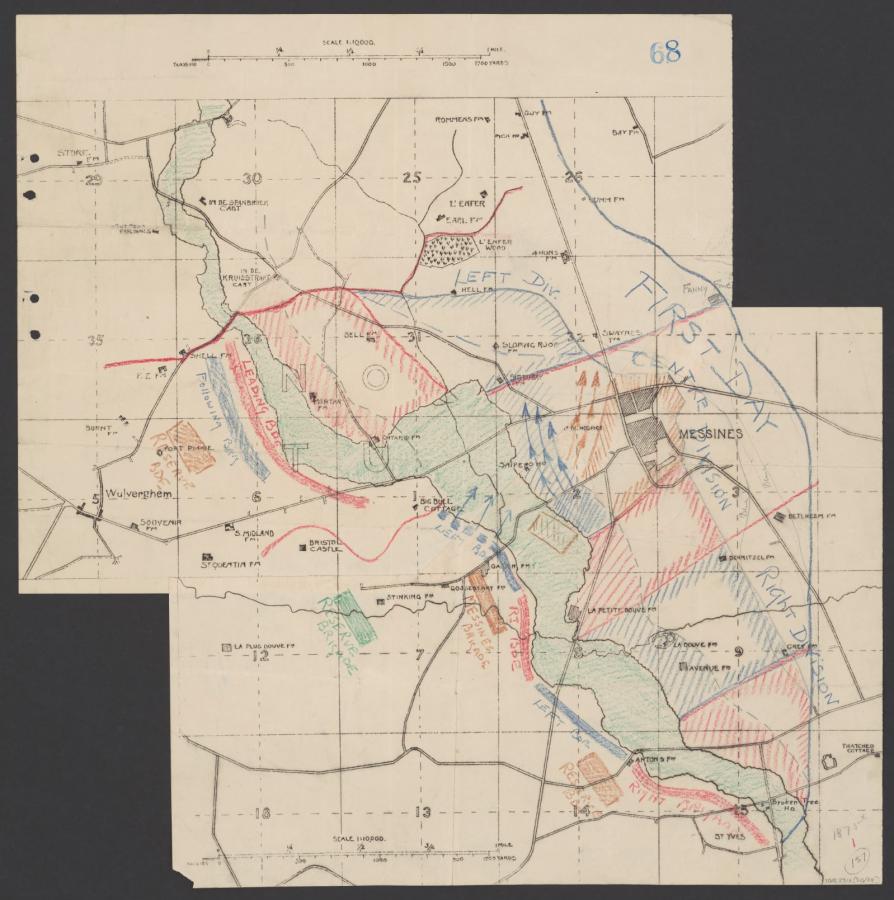 Hand-drawn map showing movements of troops between Wulverghem and Messines. AWM2022.10.414