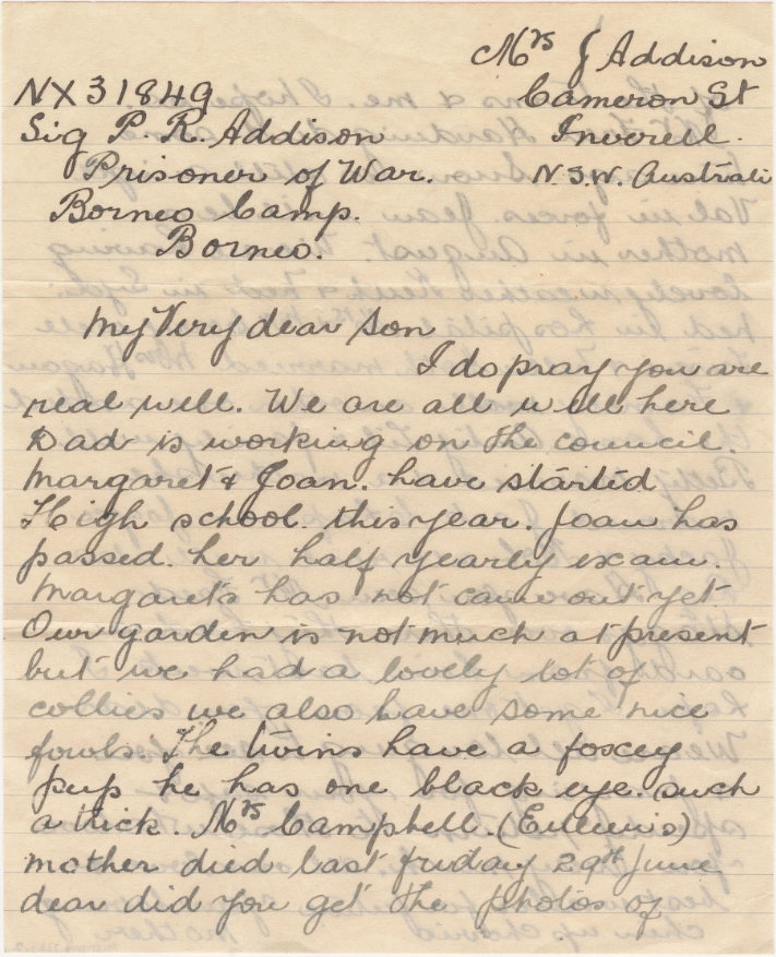 Letter from Millicent Addison to her prisoner-of-war son