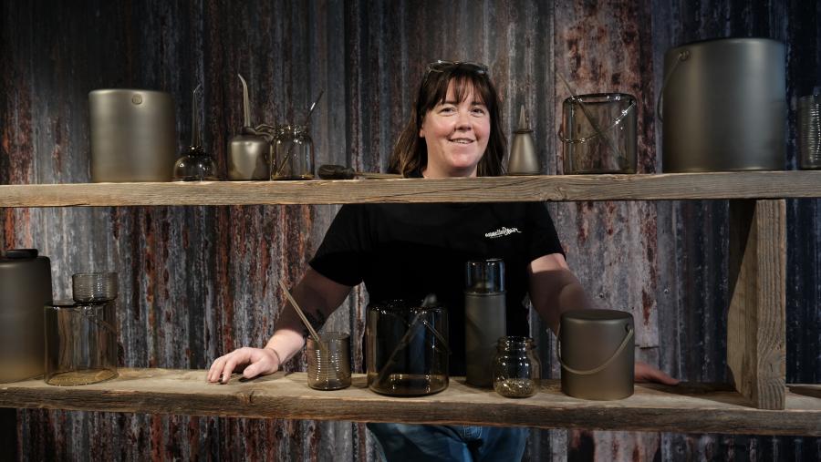 Glass artist, Annette Blair with work from exhibition Quietly Spoken, 2022. Courtesy of Canberra Glassworks