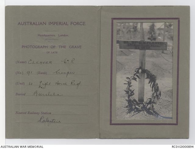 Photograph of the grave of the late E.R. Cleaver buried Beersheba Palestine 1917