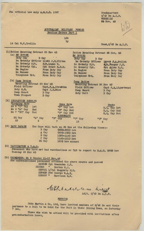 2/43rd Battalion War Diary entry