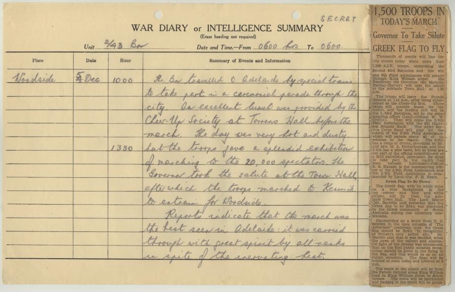 2/43rd Battalion War Diary entry