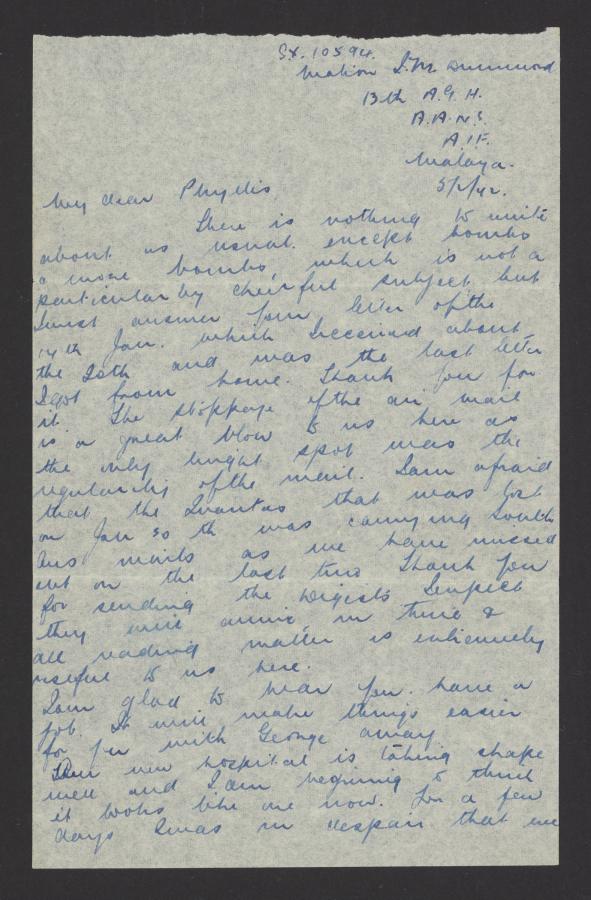 Matron Drummond’s letter to her sister, Phyllis, 5 February 1942