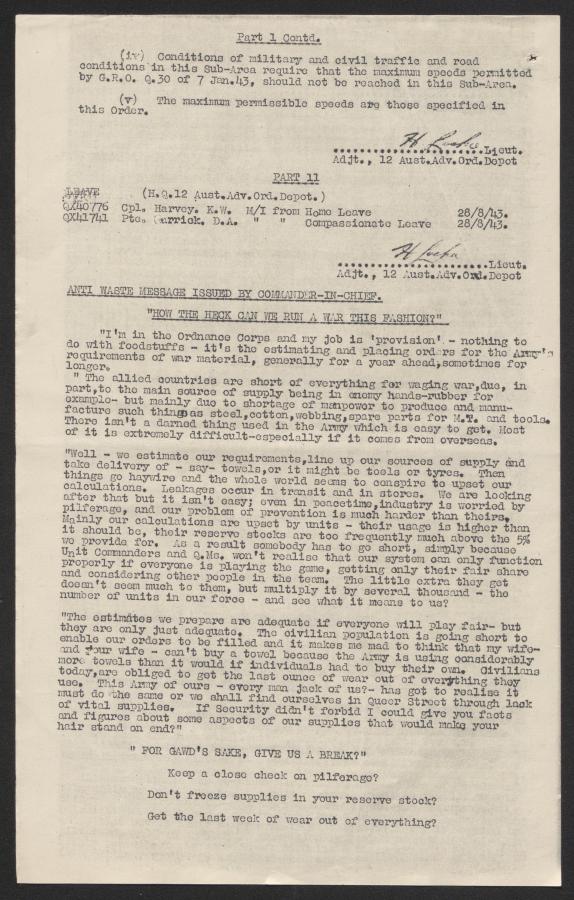 Routine order, August 1943. AWM2022.5.9095-0065
