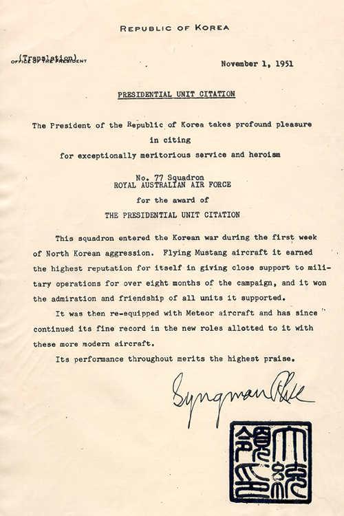 The Presidential Unit Citation from Syngmann Rhee