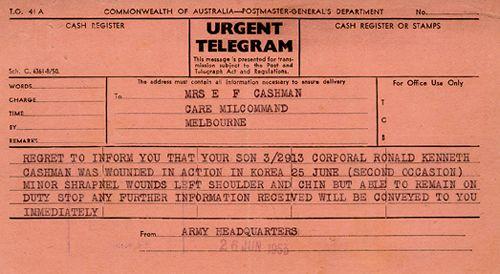 The telegram sent to Ron Cashmans mother