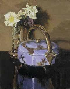 Roses and a blue kettle 