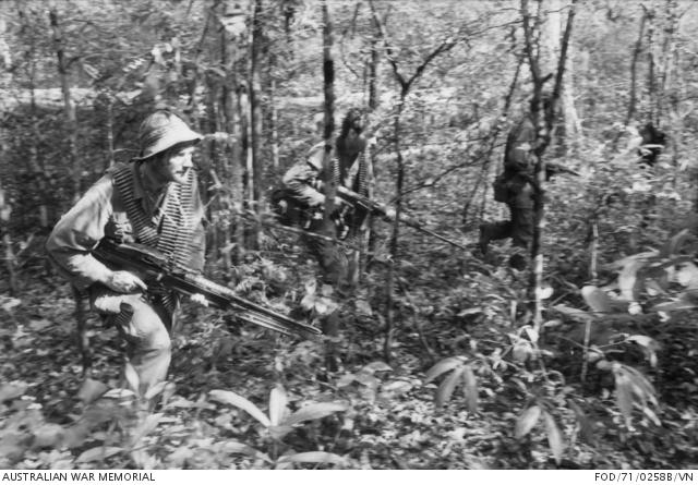 "Phuoc Tuy Province, South Vietnam. May 1971. A section of soldiers from C Company, 2RAR /NZ (ANZAC) (The ANZAC Battalion comprising 2nd Battalion, The Royal Australian Regiment and a component from the 1st Battalion, Royal New Zealand Infantry Regiment)"
