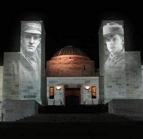 Images from the First World War projected onto Memorial building