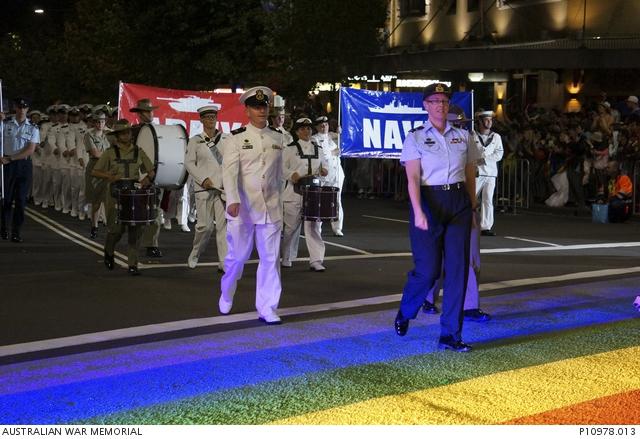 Air Commodore Tracy Smart (RAAF) leads the uniformed Australian Defence Force contingent in the 2013 Mardi Gras.