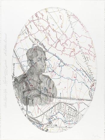 Ngaliya barwon Gami (our great-uncle), 2014, lithograph, printed from four stones; screenprint, from one screen on paper  edition of 20, 76 x 56 cm  Commissioned by the Australian War Memorial in 2014