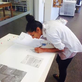 Artist Sangeeta Sandrasegar working on her artwork And the last remnants memory destroys, 2015