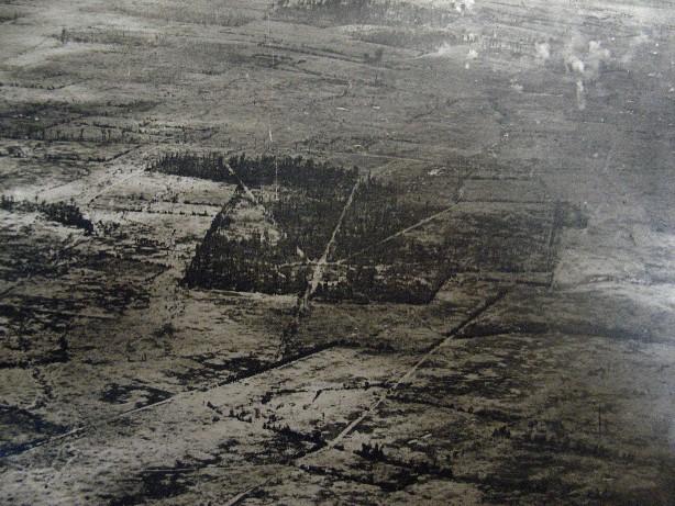 Aerial photograph of Oosteverne Wood 7 June 1917 during the battle of Messines. In the background can be seen smoke from the British artillery (Aerial photograph grid reference 28O 14d).