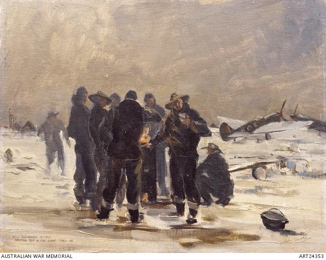 Alan Moore, 450 Squadron fitters making tea in the snow, 1945. AWM ART24353