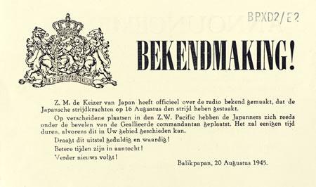 FELO also produced these bilingual leaflets, announcing the surrender of Japan, for Allied prisoners of war and the local Dutch populace. RC03413