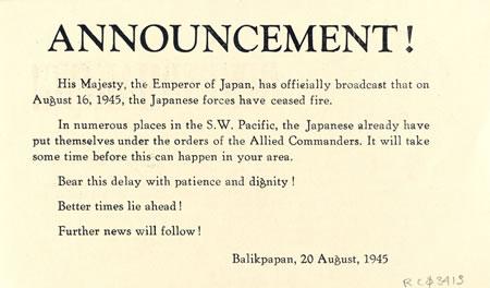 ELO also produced these bilingual leaflets, announcing the surrender of Japan, for Allied prisoners of war and the local Dutch populace. RC03413